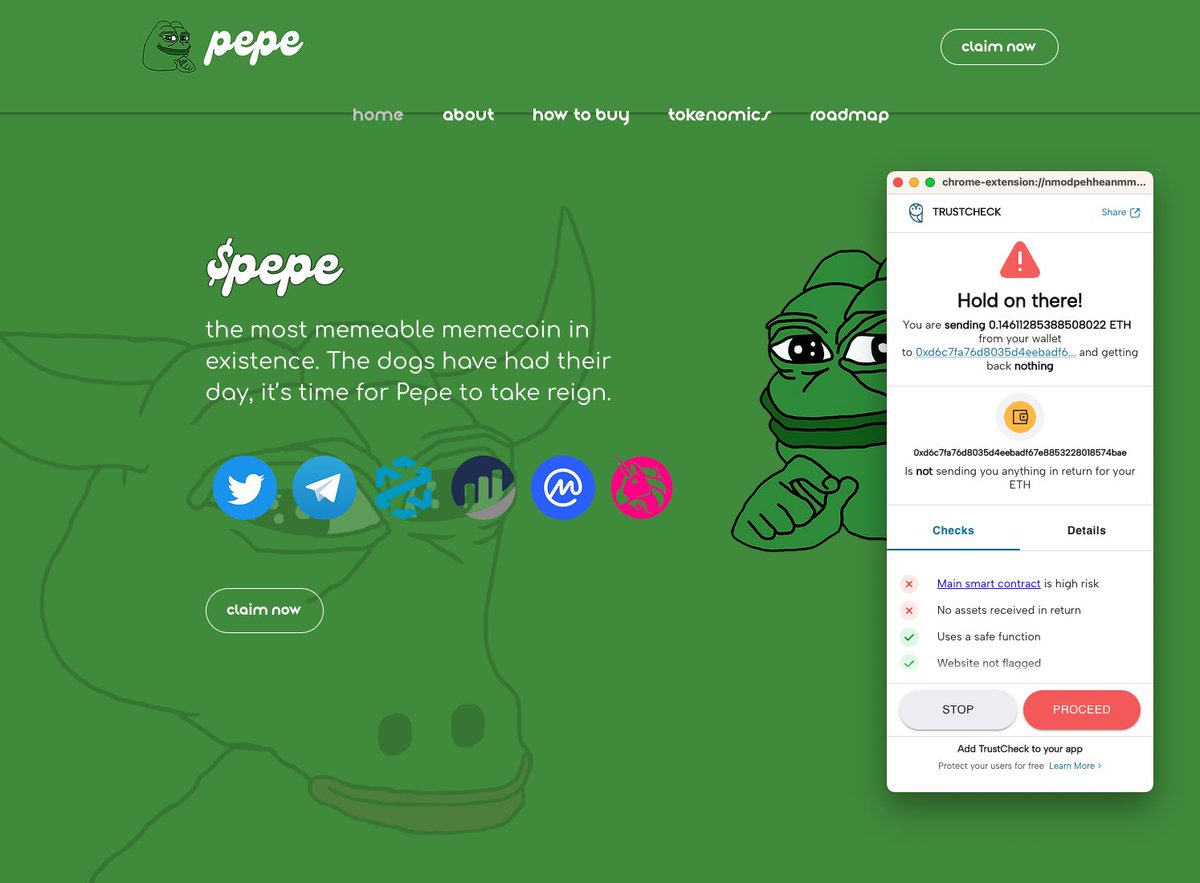 We are getting reports of many fake $pepe airdrop links being shilled. 

Make sure you check for official URLs and use a tool like TrustCheck to help spot malicious wallets and smart contracts. Stay safe out there! 

#pepe #Airdrop #PepeCoin #ScamAlert