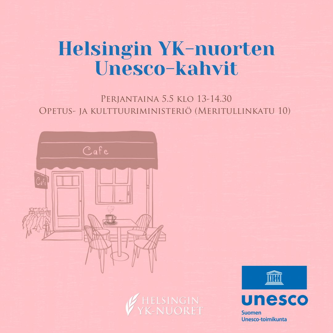 HYKYry's tweet photo. Mitä Unesco tekee? Miten voin olla mukana Unescon toiminnassa? 🕊️ Tule tutustumaan Unescon toimintaan tarkemmin Helsingin YK-nuorten Unesco-kahveille opetus- ja kulttuuriministeriöllä perjantaina 5.5. klo 13:00-14:30!💙 Ilmoittautumislomake tapahtumaan: https://t.co/WWsc5OSiht https://t.co/ayruz4o81C