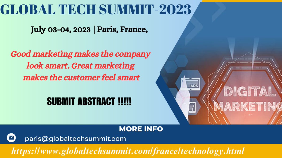 globaltech2023's tweet image. Ready to elevate your knowledge and network with industry leaders? Enroll now for our #Globaltechsummit held on July 03-04, 2023 in Paris, France and join us for an unforgettable experience. 
Visit for more information: globaltechsummit.com/france/technol…