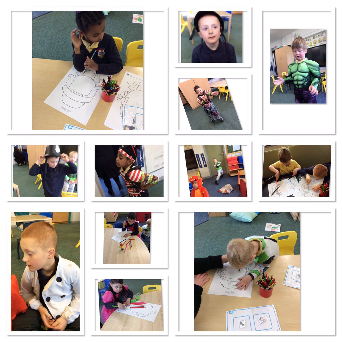 ACMeadstead's tweet photo. What a fun afternoon we’ve had dressing up and drawing! We have been police men, chefs, pirates and we have a few superheroes amongst us! 😀 👮🏻‍♂️ 👨🏻‍🍳 🏴‍☠️ 🦸🏻‍♂️ @AETAcademies @MeadsteadPA @MeadsteadHoS https://t.co/kuLCSIlH6W