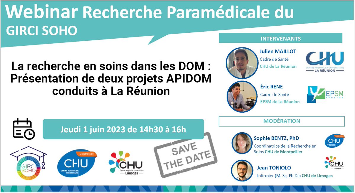 GIRCI SOHO (@gircisoho) on Twitter photo 🔜Webinaire #Recherche #Paramed | "La recherche en soins dans les #DOM : Présentation de deux projets #APIDOM conduits à la #Réunion "
intervenants :
Eric RENE & Julien MAILLOT
<a href="/CHU_Montpellier/">CHU de Montpellier</a> <a href="/BentzSophie3/">Bentz Sophie</a>
<a href="/CHULimoges/">CHU de Limoges</a> <a href="/Jean_Toniolo_/">Jean Toniolo</a>
Ouvert à tous ! ⤵️
attendee.gotowebinar.com/register/21079… 🔜Webinaire #Recherche #Paramed | "La recherche en soins dans les #DOM : Présentation de deux projets #APIDOM conduits à la #Réunion "
intervenants :
Eric RENE & Julien MAILLOT
<a href="/CHU_Montpellier/">CHU de Montpellier</a> <a href="/BentzSophie3/">Bentz Sophie</a>
<a href="/CHULimoges/">CHU de Limoges</a> <a href="/Jean_Toniolo_/">Jean Toniolo</a>
Ouvert à tous ! ⤵️
attendee.gotowebinar.com/register/21079…