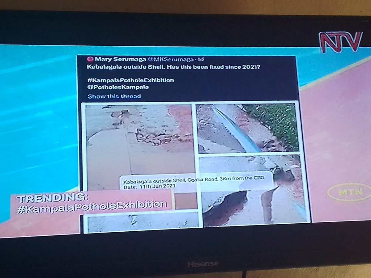 Makana_Kennedy's tweet photo. NTV's #Timeline show by @JMutamba256 is preaching the pothole gospel. Thanks @ntvuganda @SpireJim 
#KampalaPotholeExhibition https://t.co/zCiqEL1f7M