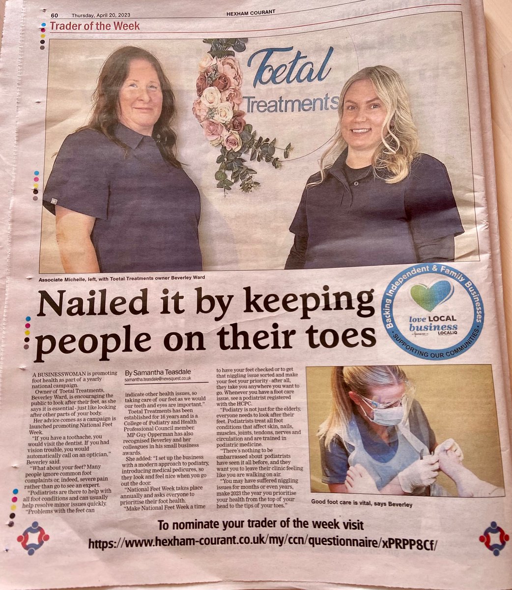 Great write up for <a href="/Toetaltreat/">Bev Ward</a> in the <a href="/hexhamcourant/">Hexham Courant</a> this week! To book an appointment with Beverley or Michelle, please phone reception on 01434 601577 
#nationalfeetweek #podiatry #chiropody #HexhamBusiness
