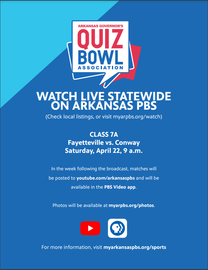 Attention Wampus Cats fans! This is the information for the 7A Quiz Bowl State Championship directly from Arkansas PBS.  Everyone tune in to watch and support your Wampus Cats! #6Legs4Life