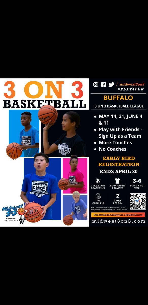 ryanarvola's tweet photo. Register today for the 2nd Annual Buffalo 3 on 3 League! Boys and girls, grades 2-12, starts May 14th, Buffalo High School. Register here: https://t.co/8SS8uT1ueS

@buffalogirlsho1 @BuffaloBisonGBB @Bisonbbclub @BHSBison https://t.co/15EWC734qn