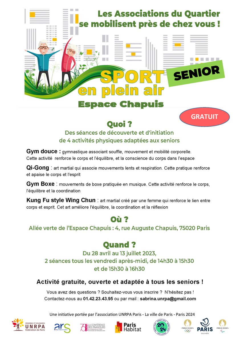 Mairiedu20's tweet photo. 💪PARIS SPORT SENIOR EN PLEIN AIR💪
Du 28 avril au 13 juillet, allée verte de l’#EspaceChapuis, 4 rue Auguste Chapuis #Paris20, participez à des séances d'initiation à 4 activités physiques adaptées aux #Seniors :
🧘 #GymDouce
🙇 #QiGong
🥊 #GymBoxe
🥋 #KungFu style #WingChun https://t.co/ExHdmVI9aw
