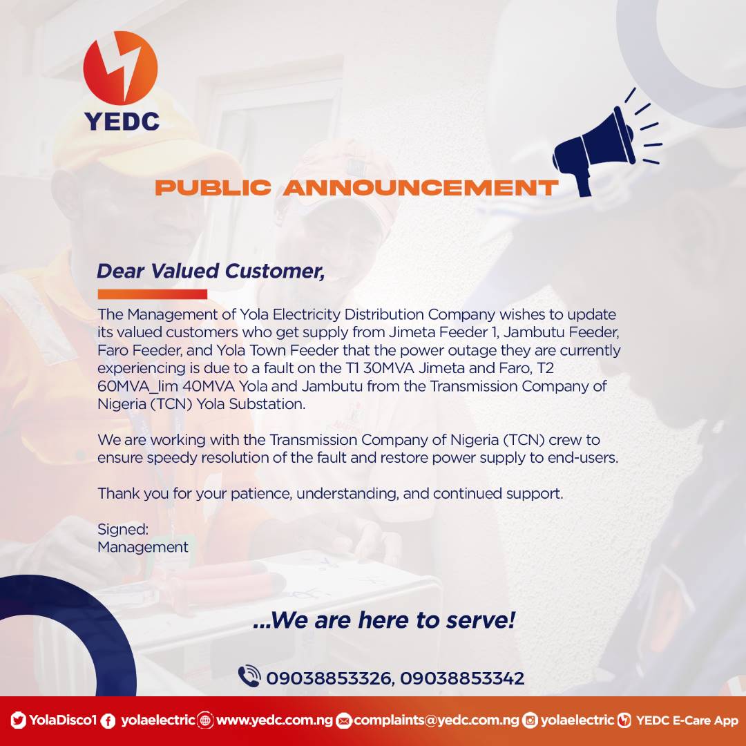 YolaDisco1's tweet photo. Outage information on Jimeta, Yola Town, Faro, and Jambutu Feeders.👇👇 https://t.co/Y8jER5AXC8