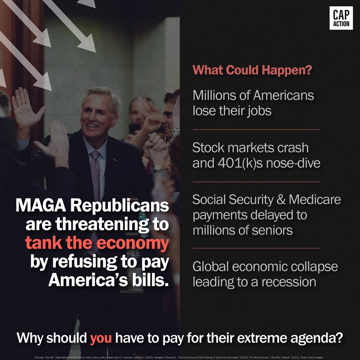 TonyHussein4's tweet photo. Speaker Kevin McCarthy and House Republicans have done nothing to reduce crime, gun violence, or the prices of gas and groceries. They are refusing to raise the debt ceiling unless President Joe Biden agrees to their extreme agenda. Does Speaker McCarthy want to tank the economy? https://t.co/uySYk3hdQq