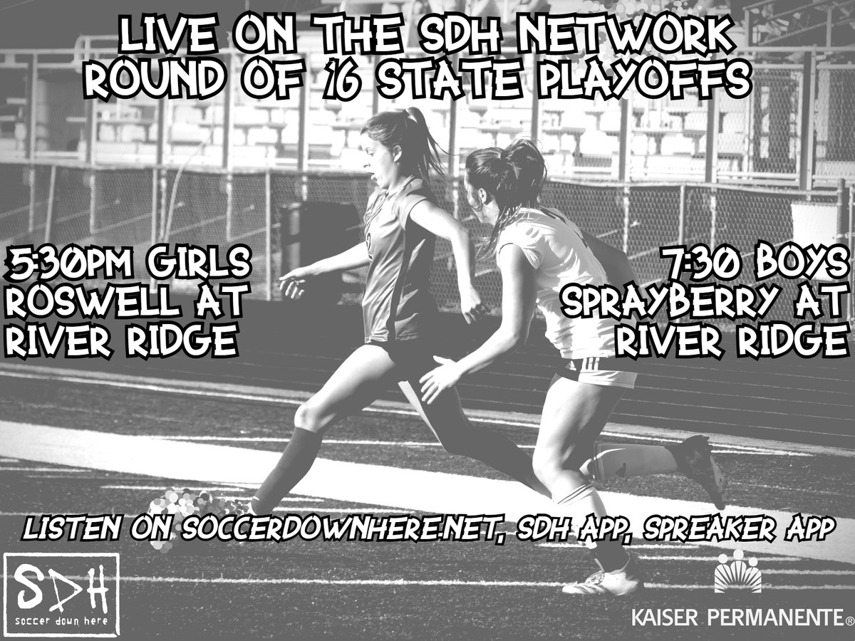 Soccer Down Here (@soccerdownhere) on Twitter photo Live tonight on the SDH Network, more state playoffs Round of 16 action from Woodstock.
The <a href="/rrhsknights/">River Ridge Knights</a> host <a href="/roswellsoccerg/">Roswell Girls Soccer</a> at 5:30 followed by <a href="/SHJacketSoccer/">Sprayberry Soccer</a> at <a href="/RRBoysSoccer/">RiverRidgeSoccer</a> at 7:30. Live tonight on the SDH Network, more state playoffs Round of 16 action from Woodstock.
The <a href="/rrhsknights/">River Ridge Knights</a> host <a href="/roswellsoccerg/">Roswell Girls Soccer</a> at 5:30 followed by <a href="/SHJacketSoccer/">Sprayberry Soccer</a> at <a href="/RRBoysSoccer/">RiverRidgeSoccer</a> at 7:30.