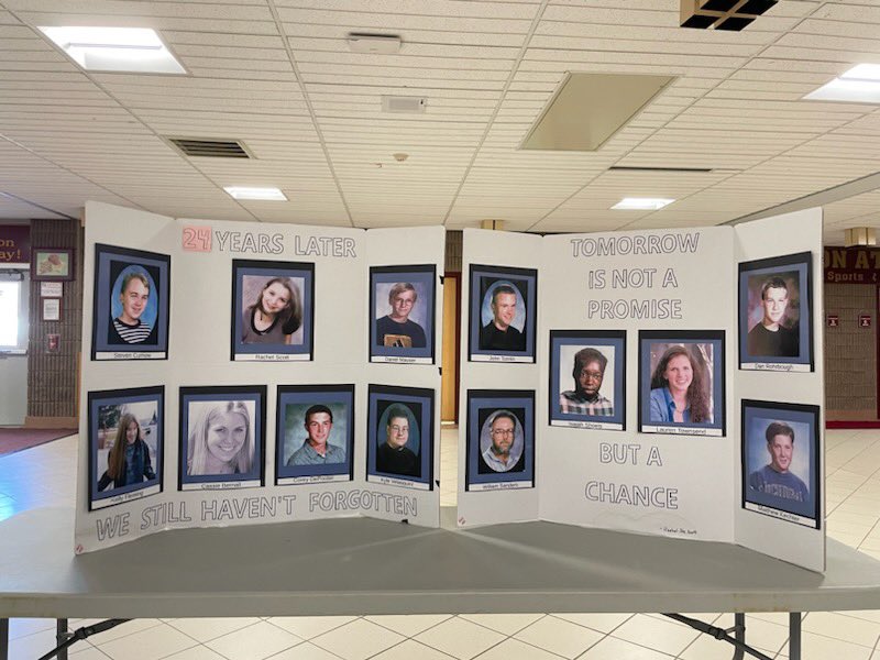 24 years later.. .come down to the sports lobby to take a look at the 13 people we have lost to the Columbine shooting. Tomorrow is not promised, so spread kindness! ❤️🙌🏻
