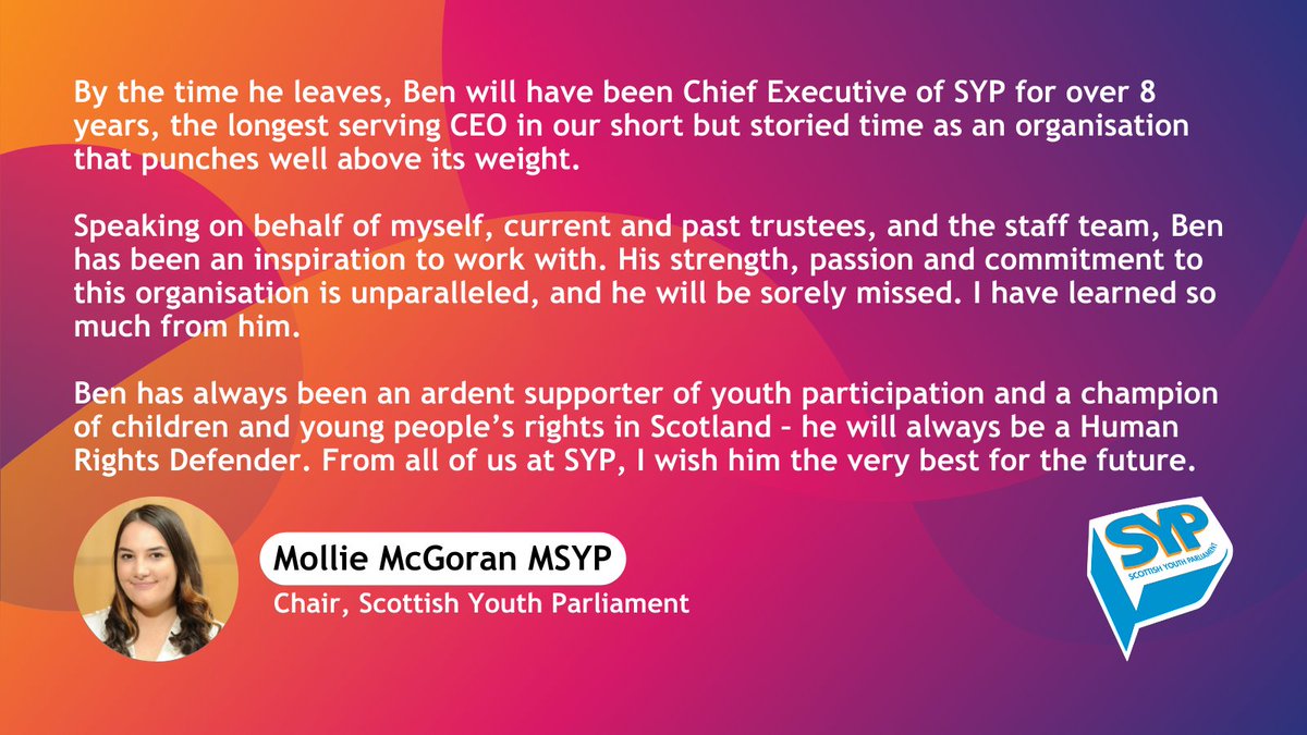 📰 News from the Scottish Youth Parliament Our Chief Executive, Ben McKendrick, has announced his intention to stand down in June 2023, to take up a clerking role in the Scottish Parliament. @SYPBoard Chair @MollieMSYP said: