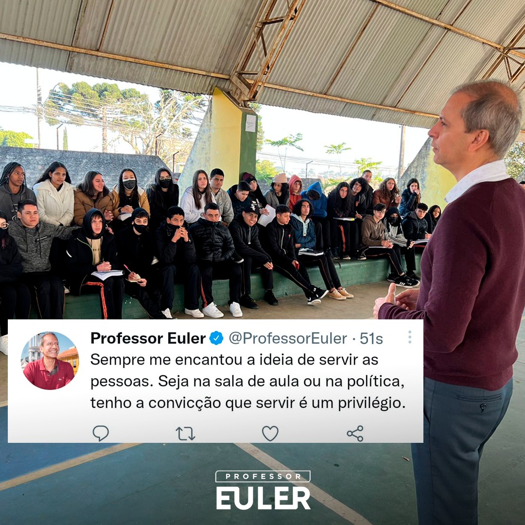 ProfessorEuler's tweet photo. Sempre me encantou a ideia de servir as pessoas. Seja na sala de aula ou na política, tenho a convicção que servir é um privilégio.
#professoreuler https://t.co/2aoSDybla1