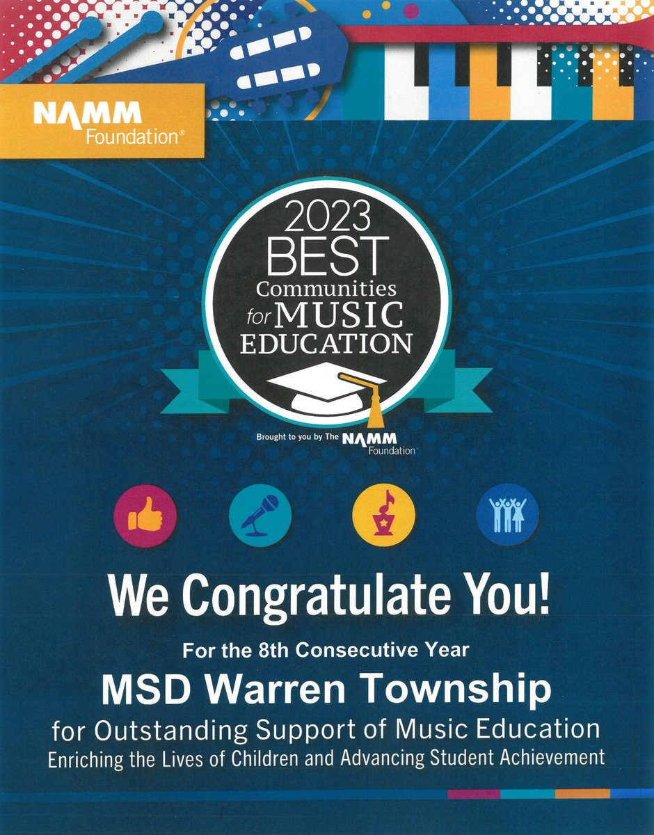 We are excited to announce that, for the 8th consecutive year, <a href="/msdwarren/">MSD of Warren Township</a> has been named one of the country's #BestCommunitiesforMusicEducation by <a href="/NAMMFoundation/">The NAMM Foundation</a>! We are among 16 Indiana districts that were recognized, and we are proud of the quality music programs we offer! 🎶