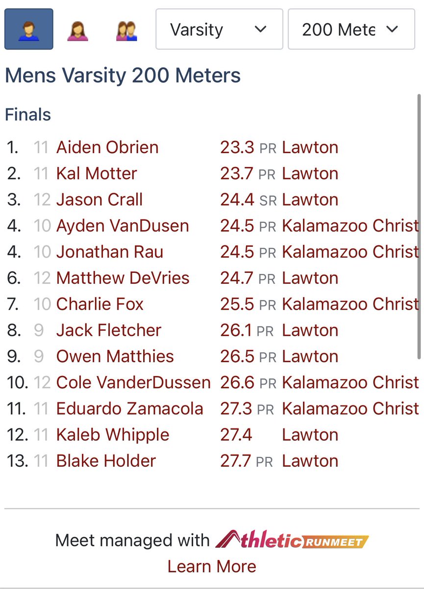 AidenOBrien14_'s tweet photo. 100 and 200 meter times from yesterday’s meet! https://t.co/t8B2PiMC9k