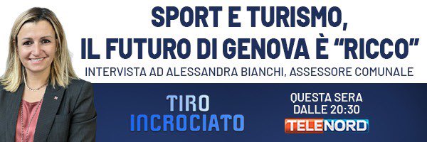 Telenord's tweet image. Questa sera, alle 20:30, a #TiroIncrociato l’intervista all’assessore comunale Alessandra #Bianchi per parlare di #sport e #turismo: un futuro ricco per la città di #Genova 

@GenovaMetropoli