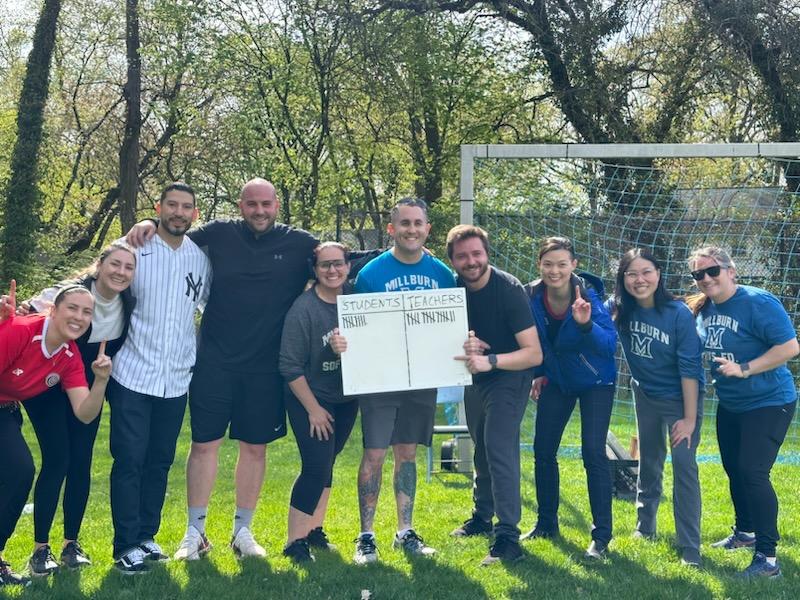 z_gross's tweet photo. The teachers win! 7th grade teacher vs. student kickball was a ton of fun yesterday. Teachers 17, students 10. MVPs were center fielder Sam D and right fielder Ms. McQuaide. @MillburnMSPrin @millburnschools https://t.co/0WBUu6XJ5Q