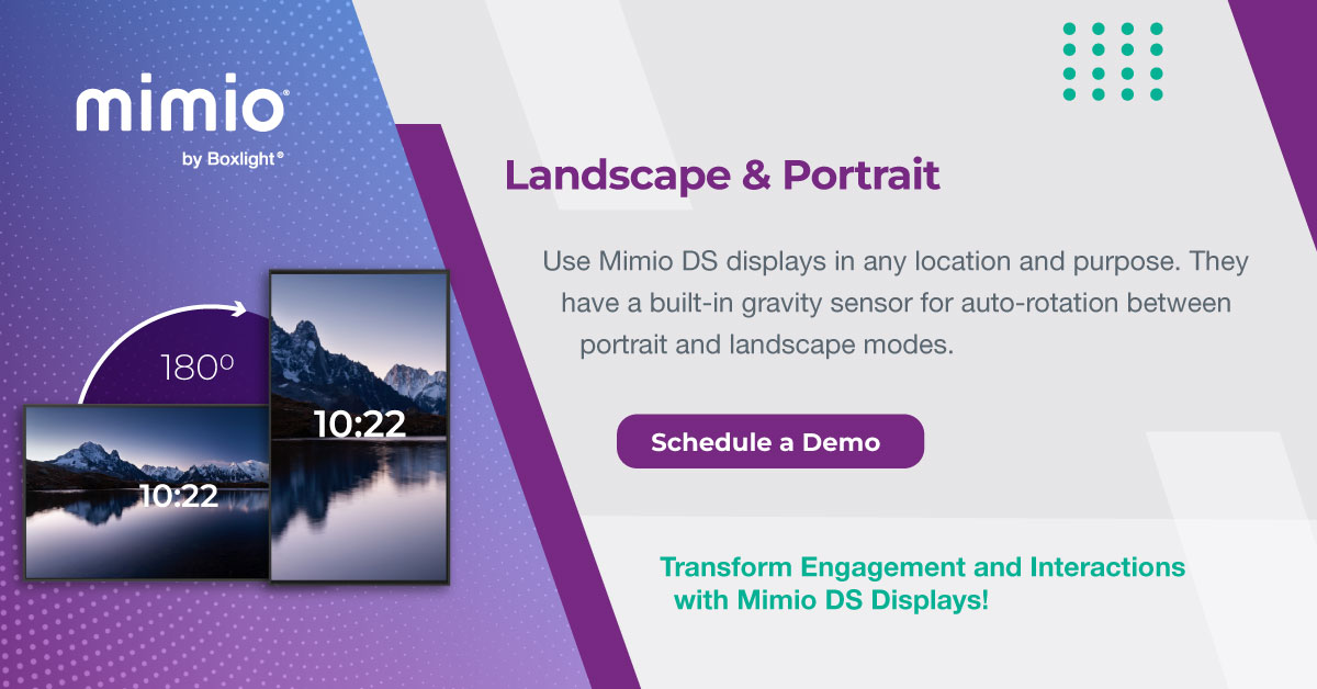 boxlightinc's tweet photo. #MimioDS Series #digitaldisplays can transform any space. With auto-rotation, install them in portrait or landscape modes to enhance interactivity in any location. Learn more - https://t.co/38gHJjIXwz
#digitalsignage #schooldigitalsignage #MimioK12 #Boxlight_solutions https://t.co/Hr7IIZAvAa