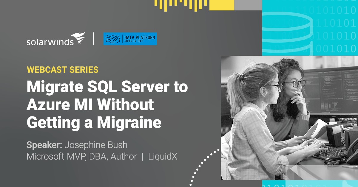 rajpandya4's tweet image. Learn how to analyze your SQL Server for compatibility with Azure SQL MI, from Microsoft MVP Josephine Bush on April 27. Register now and join the first of our SolarWinds and Data WIT Virtual Speaker Series. bit.ly/3ZrYeJM  #DataWIT #WebcastSeries