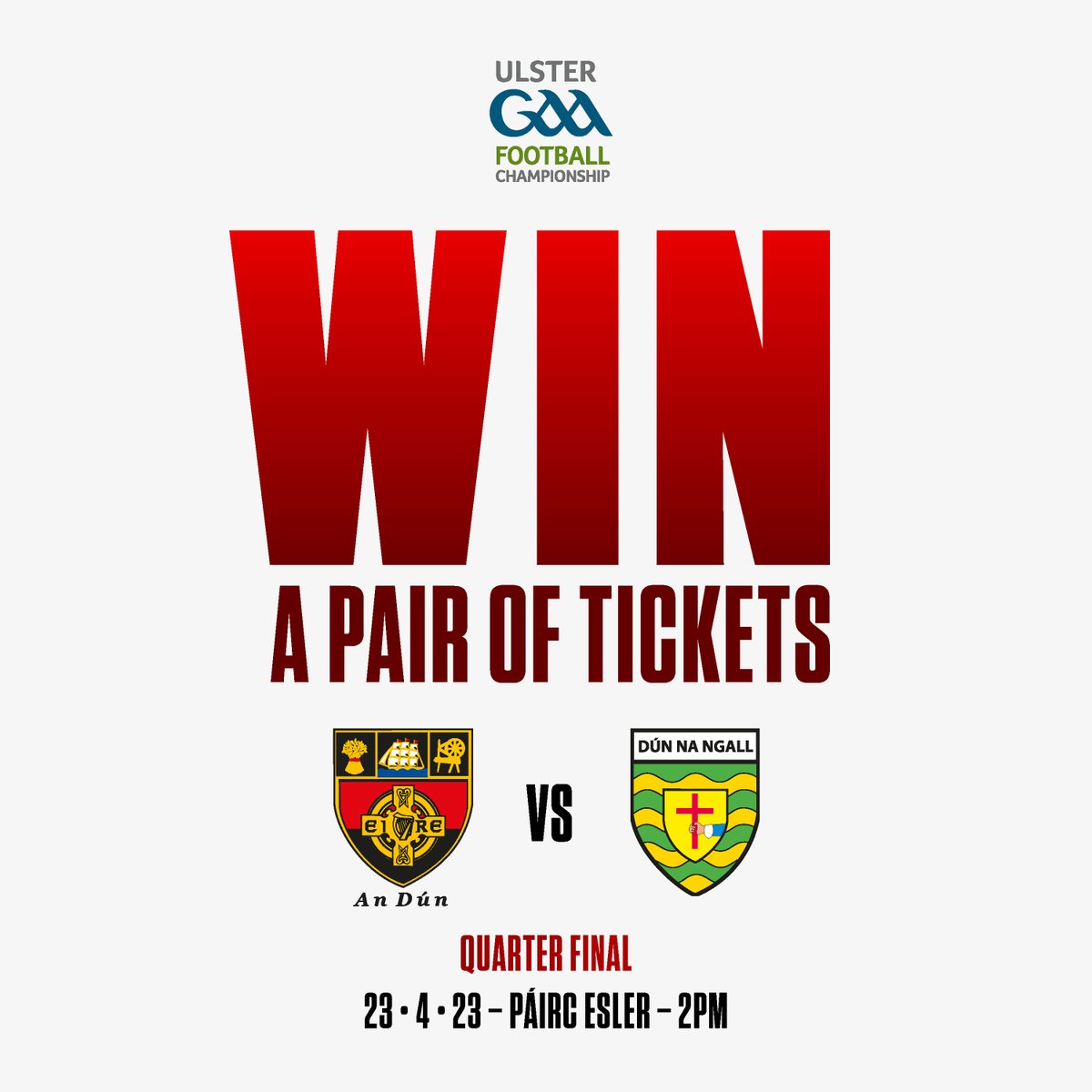 UlsterGAA's tweet photo. Ticket Giveaway! 🎉

Retweet this post &amp; follow @UlsterGAAfor a chance to WIN TWO TICKETS to @OfficialDownGAA v @officialdonegal! 🎟️🎟️

Buy here 👉 https://t.co/Yys5ZSVoLo
No sales at the venue. Buy in advance online &amp; in selected stores  

#Ulster2023 https://t.co/vz8nW1mU1j