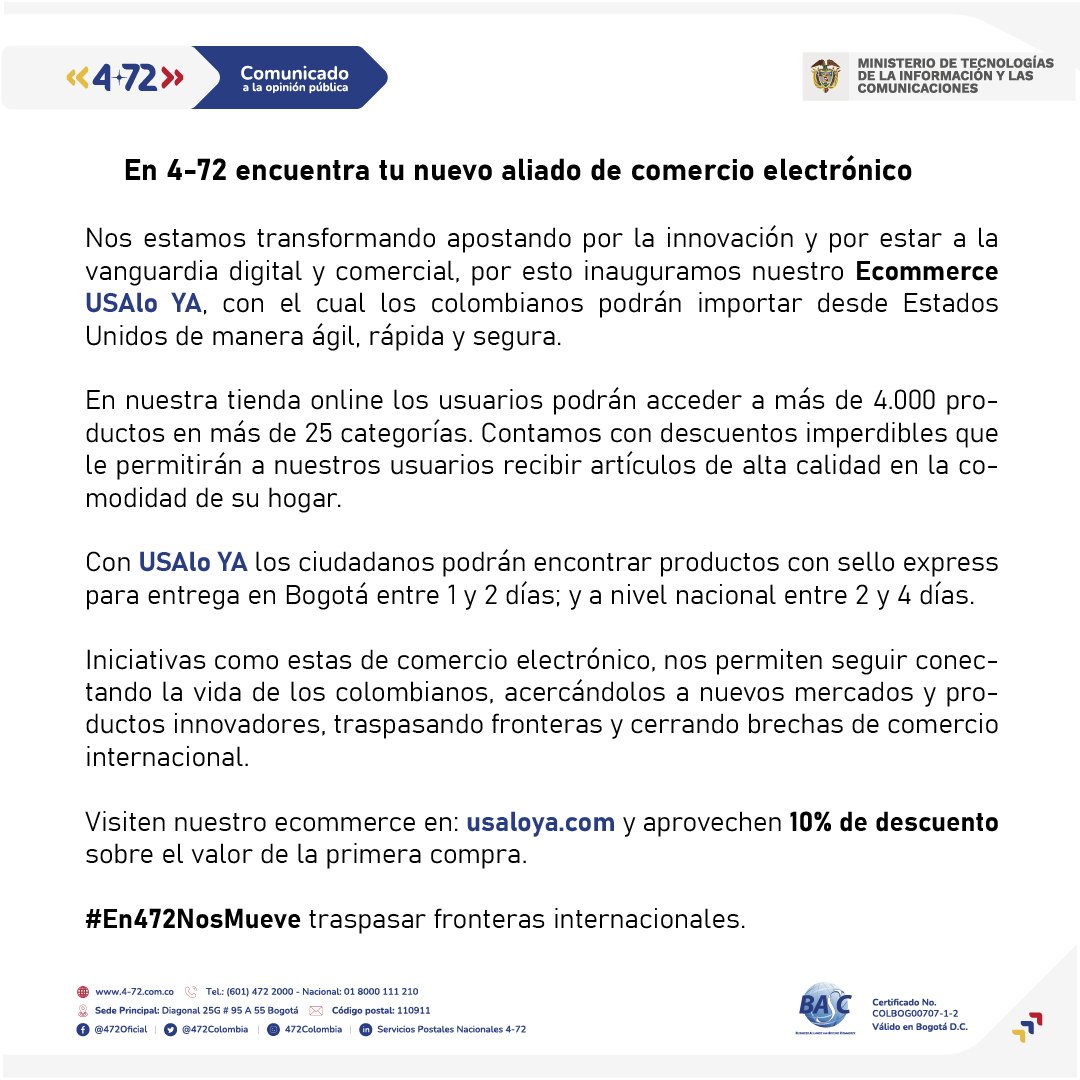 472Colombia's tweet photo. #BuenasNoticias
Inauguramos nuestro ecommerce USAlo YA
Visiten https://t.co/JvDGi8WeDY y aprovechen los descuentos que tenemos por nuestro lanzamiento
 
#En472NosMueve estar a la vanguardia y brindar soluciones comerciales a los colombianos acercándolos al mercado internacional. https://t.co/a5VIGXZcK0