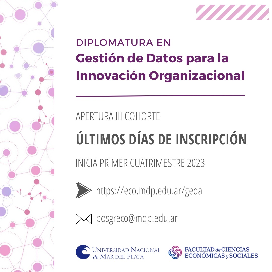 FCEyS (@fceys) on Twitter photo 📌 Diplomatura en Gestion de Datos para la Innovación Organizacional
❗️¡Últimos días para inscribirte!
📧 Para más información podes acceder a nuestra página web (link en bio) o escribirnos a posgreco@mdp.edu.ar
#posgrado
#Diplomatura
#gestiondedatos
#fceys 📌 Diplomatura en Gestion de Datos para la Innovación Organizacional
❗️¡Últimos días para inscribirte!
📧 Para más información podes acceder a nuestra página web (link en bio) o escribirnos a posgreco@mdp.edu.ar
#posgrado
#Diplomatura
#gestiondedatos
#fceys