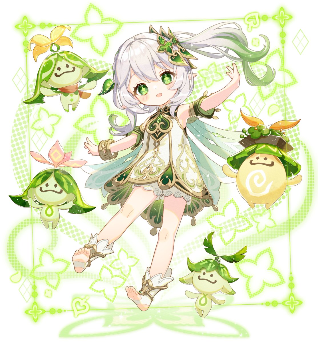 nahida (genshin impact) 1girl green eyes pointy ears dress side ponytail white dress smile  illustration images