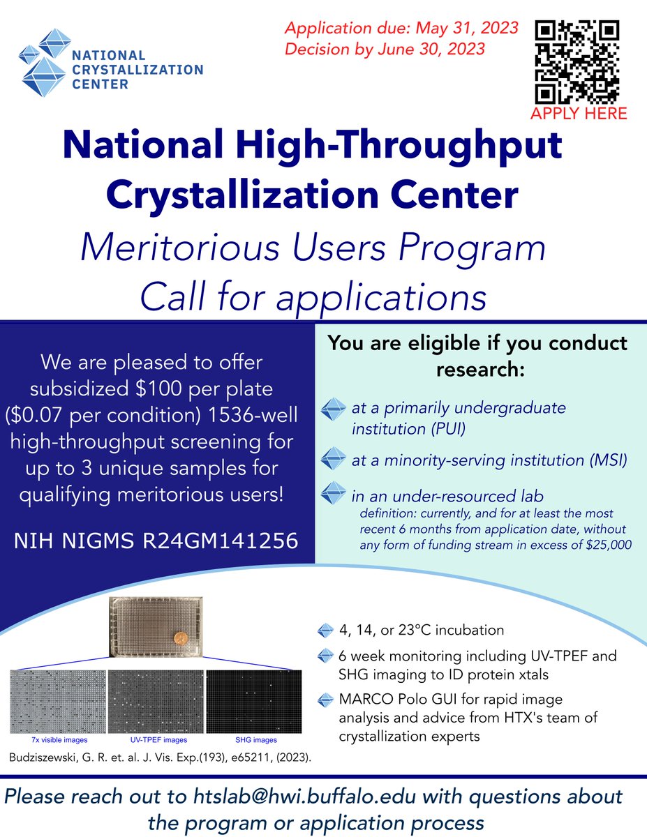 Dr. Krystle J McLaughlin (@biophyskrys) on Twitter photo Protein crystallographers at PUIs, MSIs or under-resourced labs- the National Crystallization Center @HWMRI is launching a new program for us!
Spread the word to those who might be interested/qualify.
<a href="/ACAxtal/">ACAxtal</a> <a href="/rmpollet/">Rebecca Pollet</a> <a href="/KungLab/">Yan Kung</a> <a href="/toyinasojo/">toyinasojo</a> Protein crystallographers at PUIs, MSIs or under-resourced labs- the National Crystallization Center @HWMRI is launching a new program for us!
Spread the word to those who might be interested/qualify.
<a href="/ACAxtal/">ACAxtal</a> <a href="/rmpollet/">Rebecca Pollet</a> <a href="/KungLab/">Yan Kung</a> <a href="/toyinasojo/">toyinasojo</a>