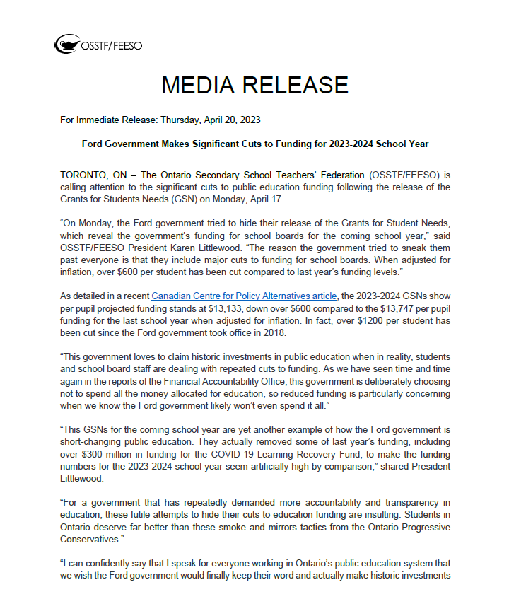 osstf's tweet photo. #OSSTF/FEESO MEDIA RELEASE:

“For a govt that has repeatedly demanded more accountability &amp; transparency in #OntEd, these futile attempts to hide their cuts to education funding are insulting. Students deserve far better than these smoke &amp; mirrors tactics from the Ontario PCs.” https://t.co/iTTThRiKRO