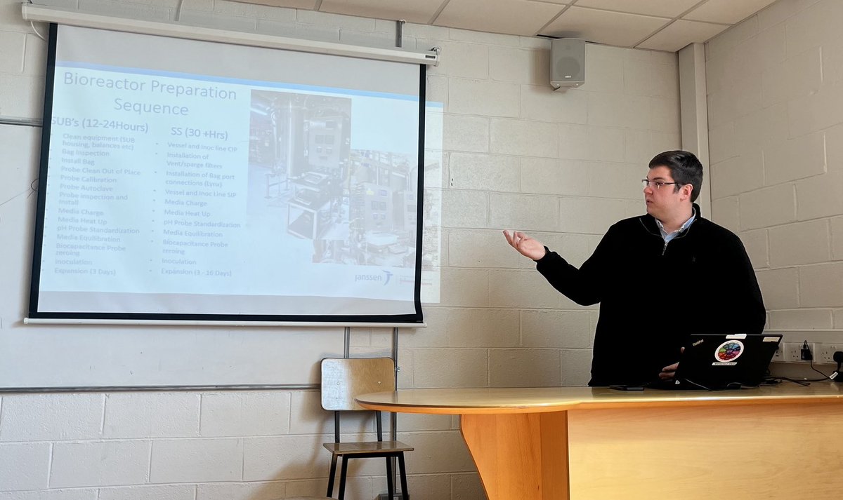 C_OSullivanMTU's tweet photo. Great talk from Denis O'Riodan from Janssen sharing his expert knowledge on the operational requirements advantages and disadvantages of Single Use Technology (SUT) to 2nd year and 4th year Chemical Biopharmaceutical Engineers students today. ⁦@MTU_ie⁩ https://t.co/yY1XAkrMwC