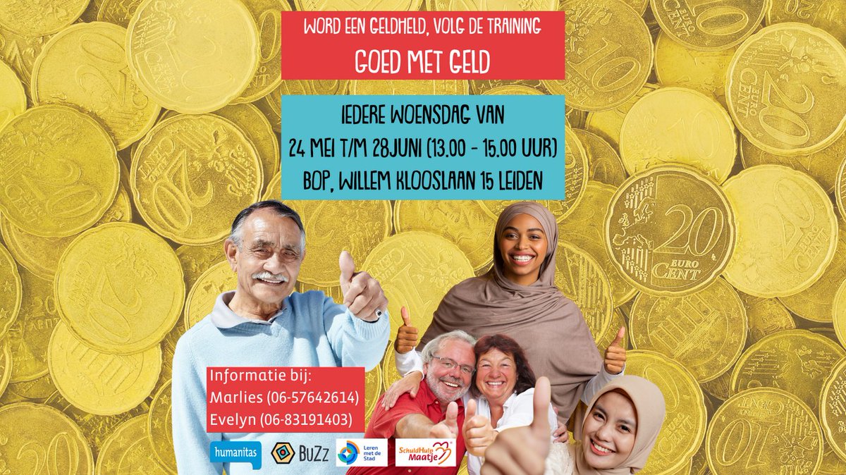 𝗚𝗼𝗲𝗱 𝗺𝗲𝘁 𝗚𝗲𝗹𝗱, 𝘄𝗼𝗿𝗱 𝗲𝗲𝗻 𝗚𝗲𝗹𝗱𝗵𝗲𝗹𝗱 is een training om een geldheld te worden. In 6 bijeenkomsten worden de deelnemers van BuZz op een laagdrempelige wijze wegwijs gemaakt in het Nederlandse financiële systeem. Informatie bij Marlies (06-57642614)