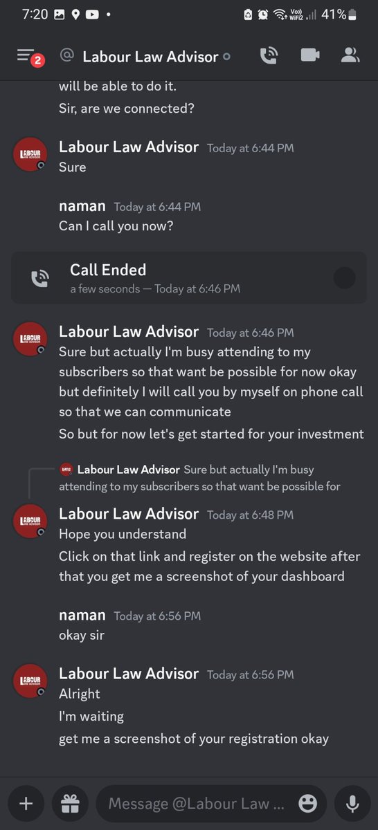 Yesterday <a href="/AdvisorLaborLaw/">Labour Law Advisor 🇮🇳</a> send me a friend request on <a href="/discord/">Discord</a>, and now they are giving tradeing advice. <a href="/0mandeep7/">Money-Minded Mandeep ®</a> <a href="/rishsamjain/">RJ - Rishabh Jain</a> 
Screen shots of the same.

Account ID: Labour Law Advisor#1155