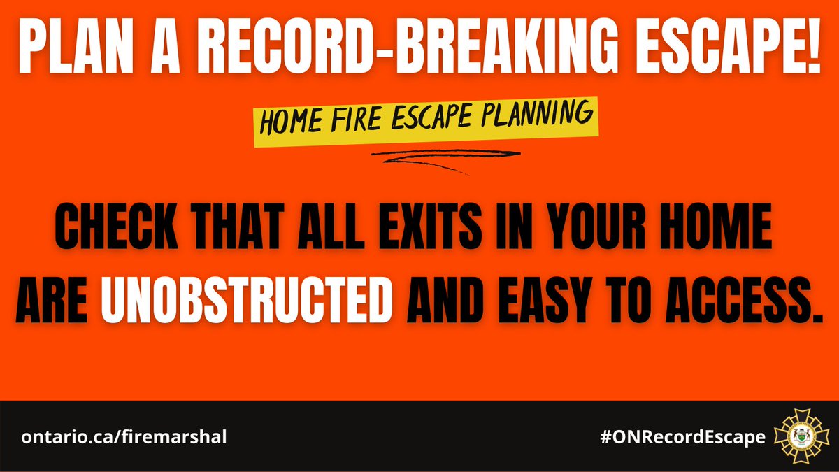 ONFireMarshal's tweet photo. Ensure all entrances and exits in your home are clear, unobstructed, and easy to access. This #SimpleTip can save you valuable seconds in the event of a fire. Plan a Record-Breaking Escape TODAY! #ONRecordEscape #FireSafety https://t.co/n6x10SO9OO