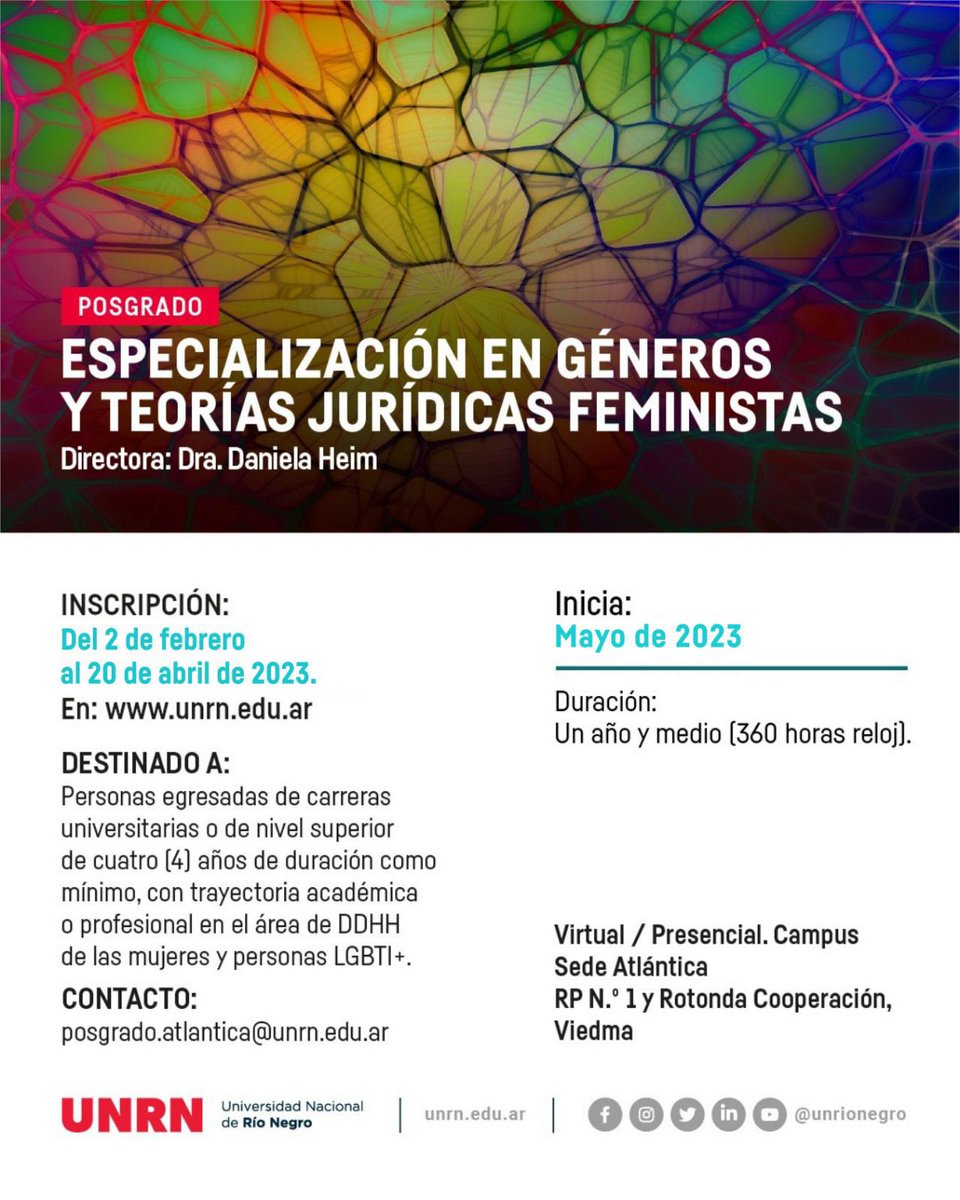 🚨Imperdibles DPF🚨

<a href="/Luly13/">💚Lucía Mercedes💚</a> y <a href="/CeciliaHopp2/">Cecilia Hopp</a> formarán parte del equipo docente de la “Especialización en géneros y teorías jurídicas feministas” dictada por la Universidad Nacional de Rio Negro

📚No te lo pierdas!