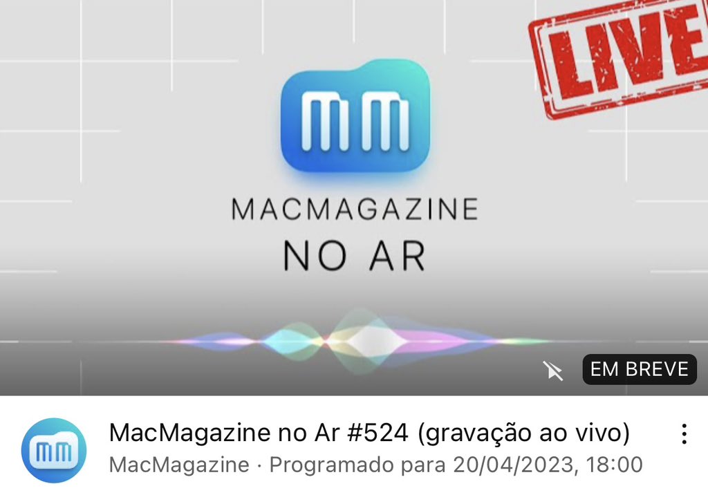 dalva_veronica's tweet photo. Hoje teremos gravação ao vivo de mais uma edição do MacMagazine No Ar, podcast do @MacMagazine no YouTube.

Não percam! 😉

🗓: 20 de Abril 
⏰: 18h (horário de Brasília)
📺: YouTube MacMagazine

Aproveitem e se inscrevam no canal!

#MacMagazine #MacMagazineNoAr #Podcast #Apple https://t.co/cDIoliVrI7