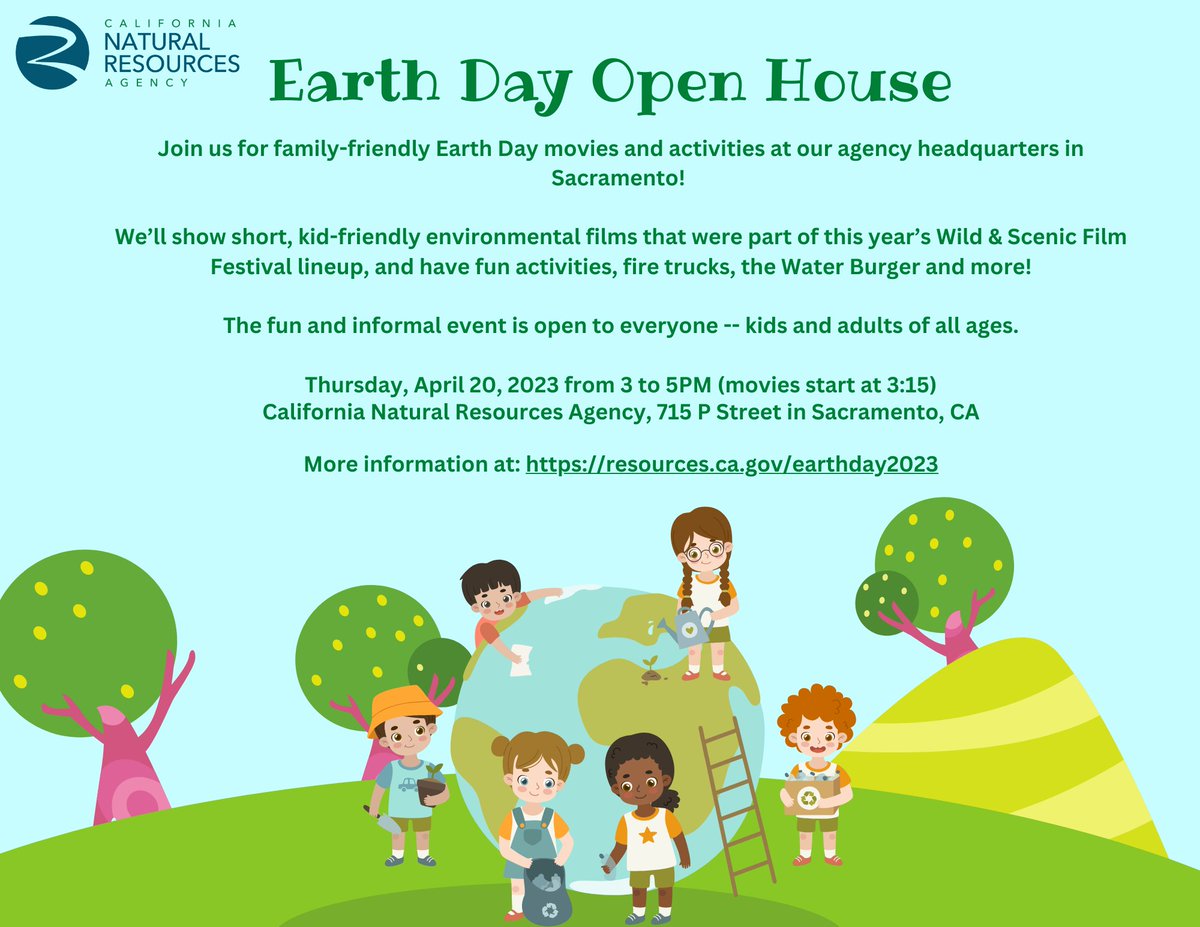 Don't miss our family-friendly #EarthDay Day Open House TODAY from 3-5 pm at CNRA HQ - 715 P Street! #Eletric vehicles, a fire engine, live animals, <a href="/WildScenicFilms/">Wild & Scenic Film Festival</a> kids film festival, #earthquake machine, #salmon wheel, virtual boat driver and more. resources.ca.gov/earthday2023