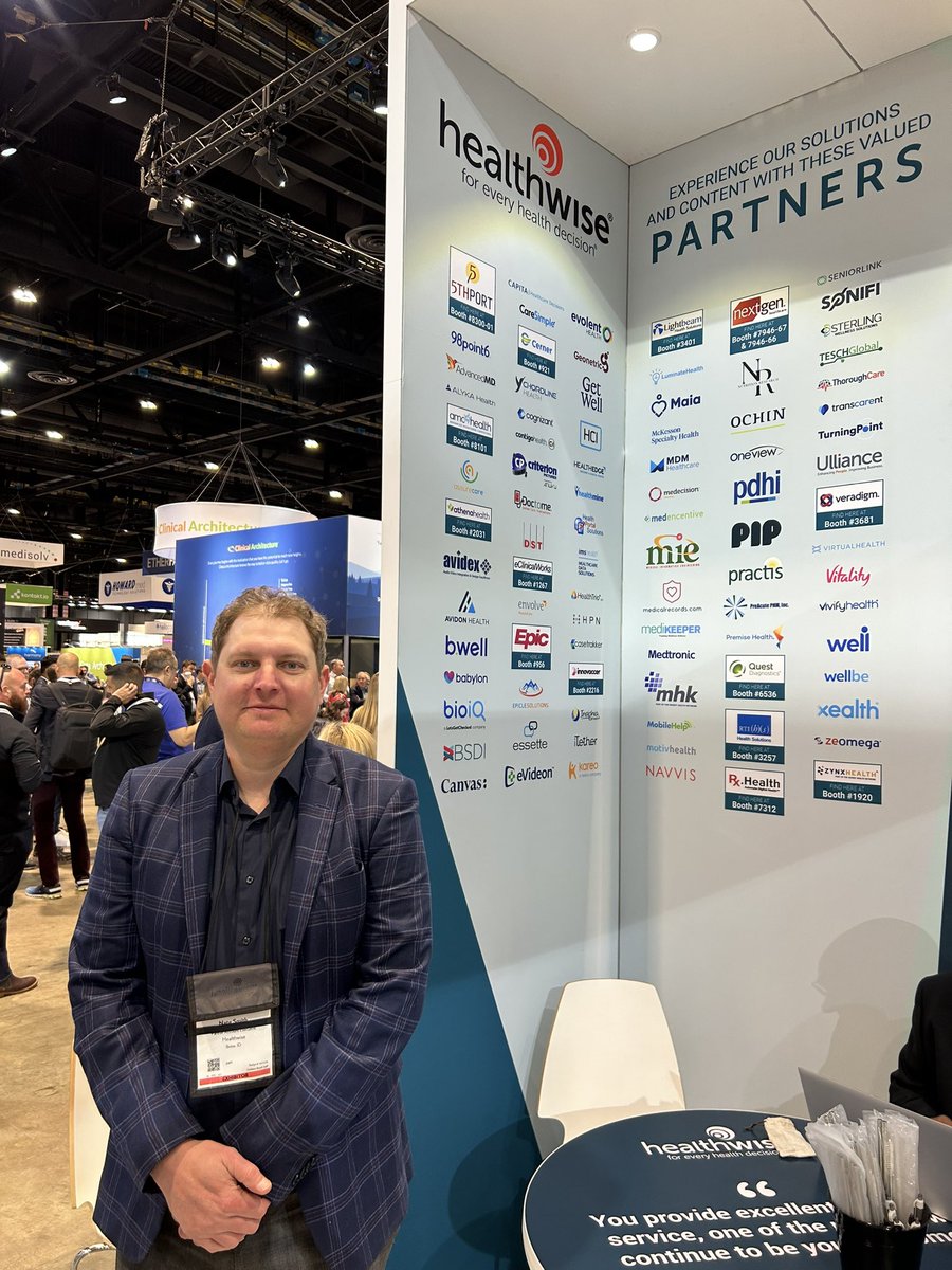 HWinsider's tweet photo. Nate Smith showcasing @Healthwise partners in booth #2062. Come learn how you can join the digital health movement to inform consumers with information about their care. Shoutout to partners from @5thportllc to @medicalrecords  to @zynxhealth and everyone in between. #HIMSS23 https://t.co/rzsXilAkPD