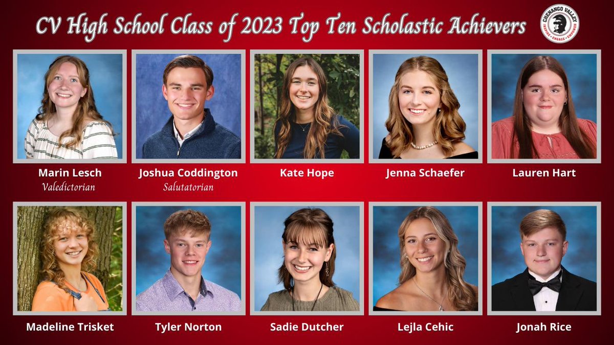 CVCSDWarriors's tweet photo. Congratulations to the Chenango Valley High School Class of 2023 Top Ten Scholastic Achievers! This accomplishment is a reflection of hard work, dedication, and a commitment to learning. Amazing job! https://t.co/hLGH3HE2xc