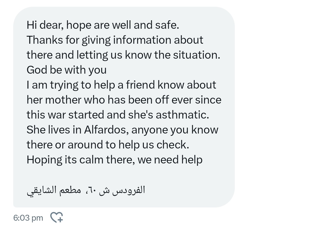 errfnern's tweet photo. لو في زوول في الفردوس ش 60، مطعم الشايقي وبقدر يساعدنا نصل والدة اختنا دي يا ريت يتواصل معاي. https://t.co/WImInwmPFD