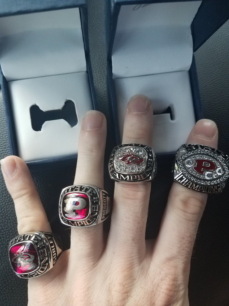 CoachDMagga's tweet photo. @EvanHamm @PrescottAthlet1 @baileybutler_17 I coached there for a decade. One of these is for football (2016) and I believe I have 2 more track rings not pictured...Prescott is a fun place https://t.co/EUMTa230LR