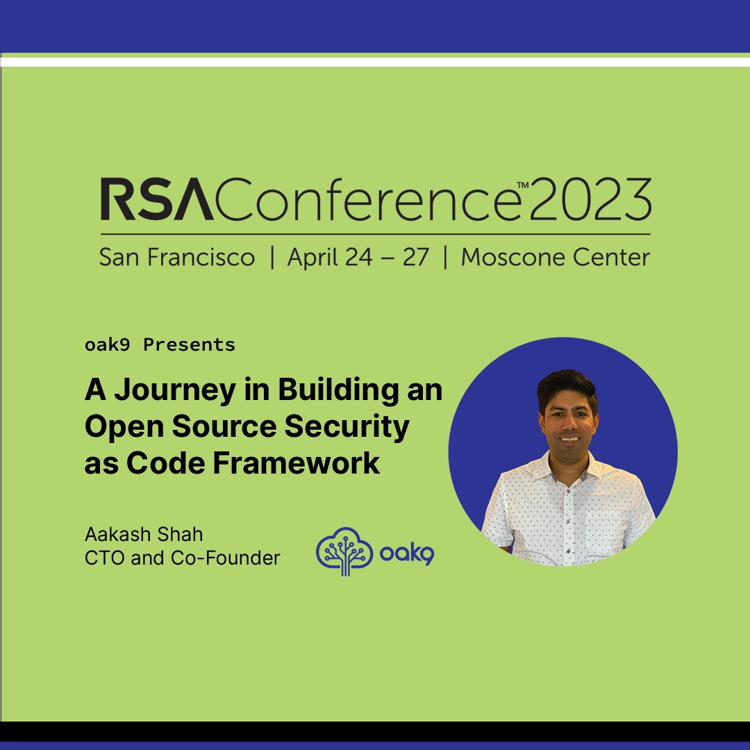 oak9io's tweet photo. We're excited to present at @RSAConference next week! A Journey Building an #OpenSource #SecurityasCode Framework - in person Thursday April 27th or stream online here: https://t.co/OXjr8jZg2r @ProvablyInsecur #RSAC #RSA2023 #Tython #SaC #CloudNative #CloudSecurity #Cybersecurity https://t.co/Prw3GumUjZ