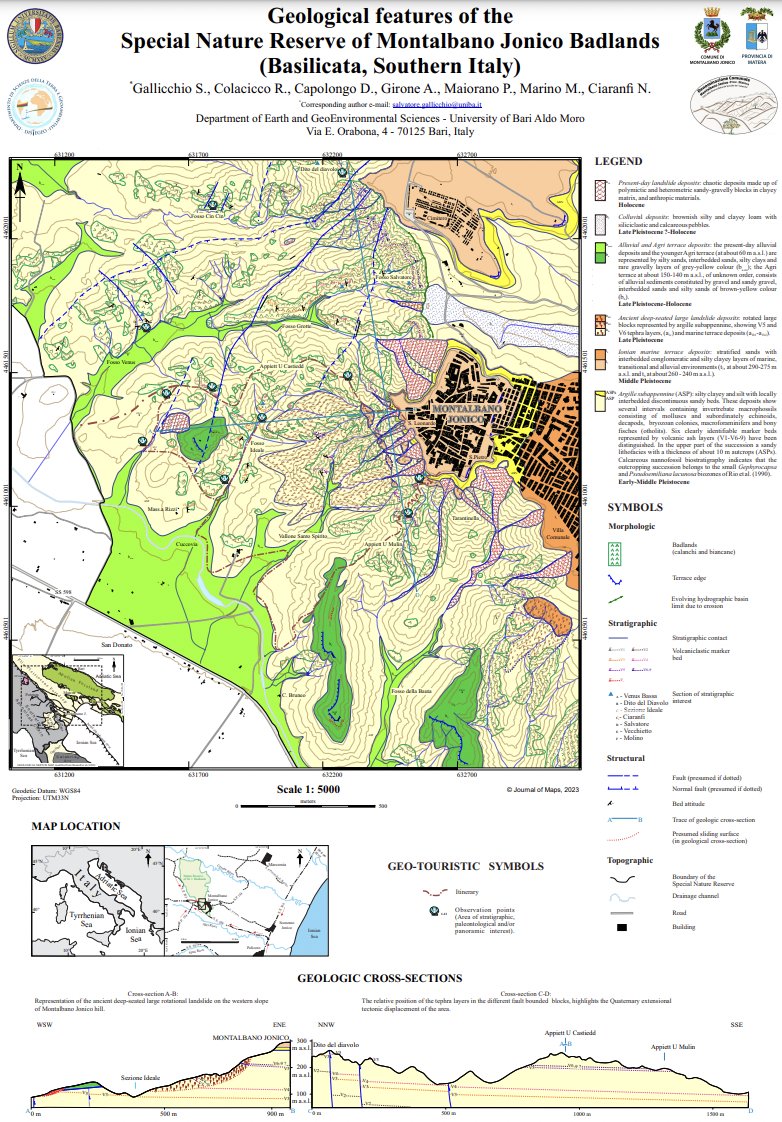 "Geological features of the Special Nature Reserve of Montalbano Jonico Badlands (Basilicata, Southern Italy)" by S. Gallicchio, R. Colacicco, D. Capolongo, A. Girone, P. Maiorano, M. Marino &amp; N. Ciaranfi

Full open access article here: doi.org/10.1080/174456…