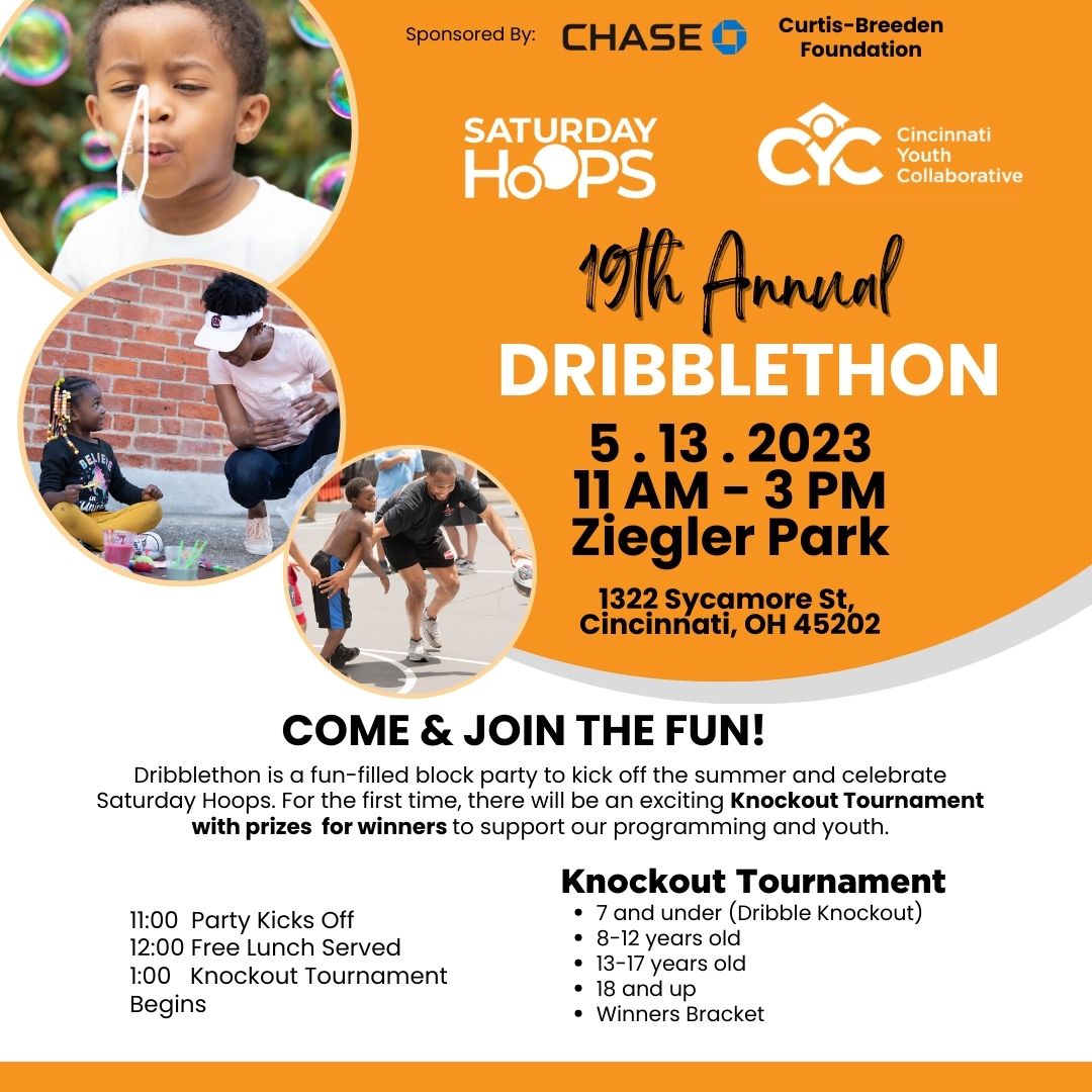 Join the <a href="/SaturdayHoops/">Saturday Hoops</a> fun at this year's Dribblethon!  May 13th, we're having our annual block party &amp; we've added a new Knockout Tournament!  Thanks to sponsors <a href="/Chase/">Chase</a> &amp; Curtis-Breeden Foundation, knockout is free for all under 18. 
 Check out ow.ly/6Qmm50NNTrE