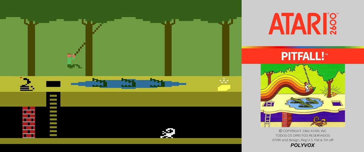 augustocc's tweet photo. Na data de hoje, mas em 1982, o clássico Pitfall foi lançado pela Activision. Era a maturidade dos jogos para Atari, com cenário amplo (255 telas!) e uma variedade de animações. A meta era coletar o máximo possível dos 32 tesouros em 20 minutos. https://t.co/GHlxcytN2P