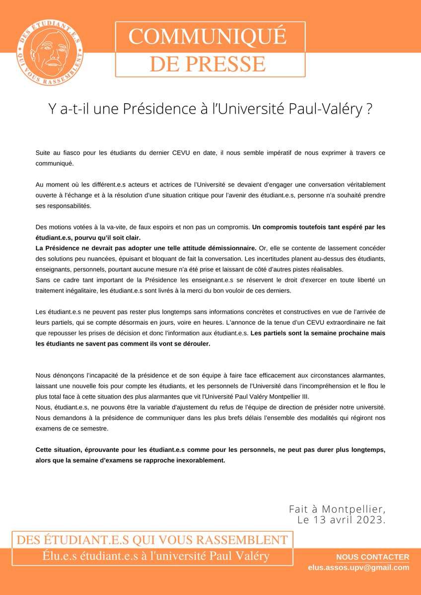 Voici notre réaction face aux derniers CEVU.
Nous espérons que le CEVU exceptionnel qui a lieu en ce moment même aboutira par des décisions concrètes, qui nous l'espérons, atténueront le climat d'incertitude dans lequel les étudiant.e.s sont plongés.
#UnivPaulValery #PaulVa