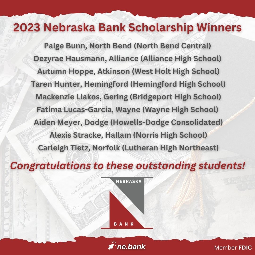 NebraskaBank's tweet photo. The Nebraska Bank team is thrilled to announce our 2023 Nebraska Bank Scholarship recipients! Please help us in congratulating these deserving students on this award, and also in recognizing their many accomplishments thus far! Press release: https://t.co/JJWqKHFuT4 #NEbank https://t.co/hxrGPmgsH4