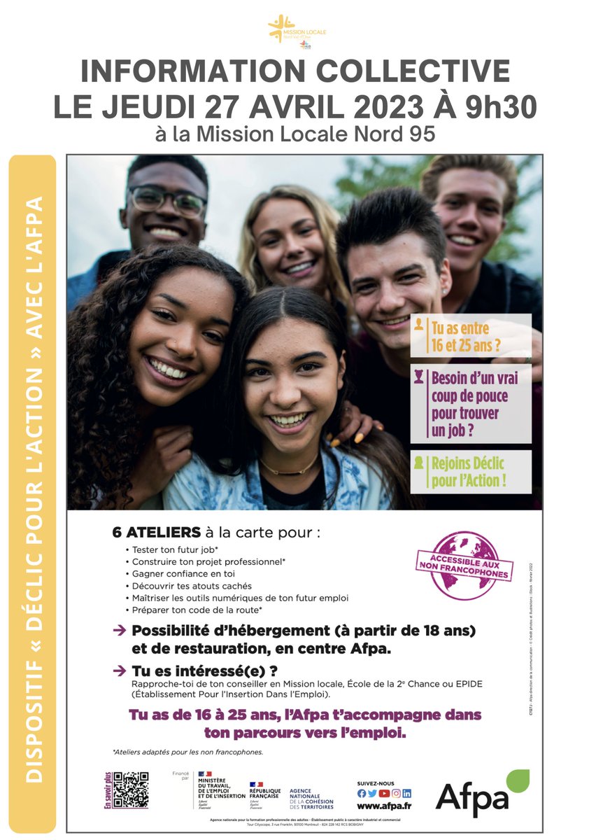 MLNord95's tweet photo. 🚀 Participez à l'information collective organisée par la @MLNord95 afin de découvrir le programme "Déclic pour l’action" mise en place par @AFPA_IDF :
📆 Le jeudi 27 avril à 09h30
📍1 allée Eugène Hénaff Bât n° 12 - 95340 Persan https://t.co/YR3vagV9vr