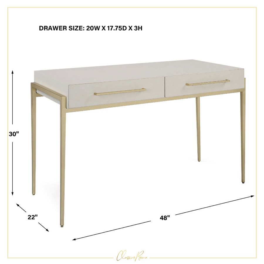🌟 Elevate your home office with the modern and chic Jewel desk! 🌟

Featuring a sleek white faux shagreen wrapped top nestled in a gold leaf iron frame.
#ClassicoRoma #JewelDesk #ModernDesign #HomeOffice #FauxShagreen #GoldLeaf #LuxuryFurniture #SleekStyle #FunctionalDesign  💻