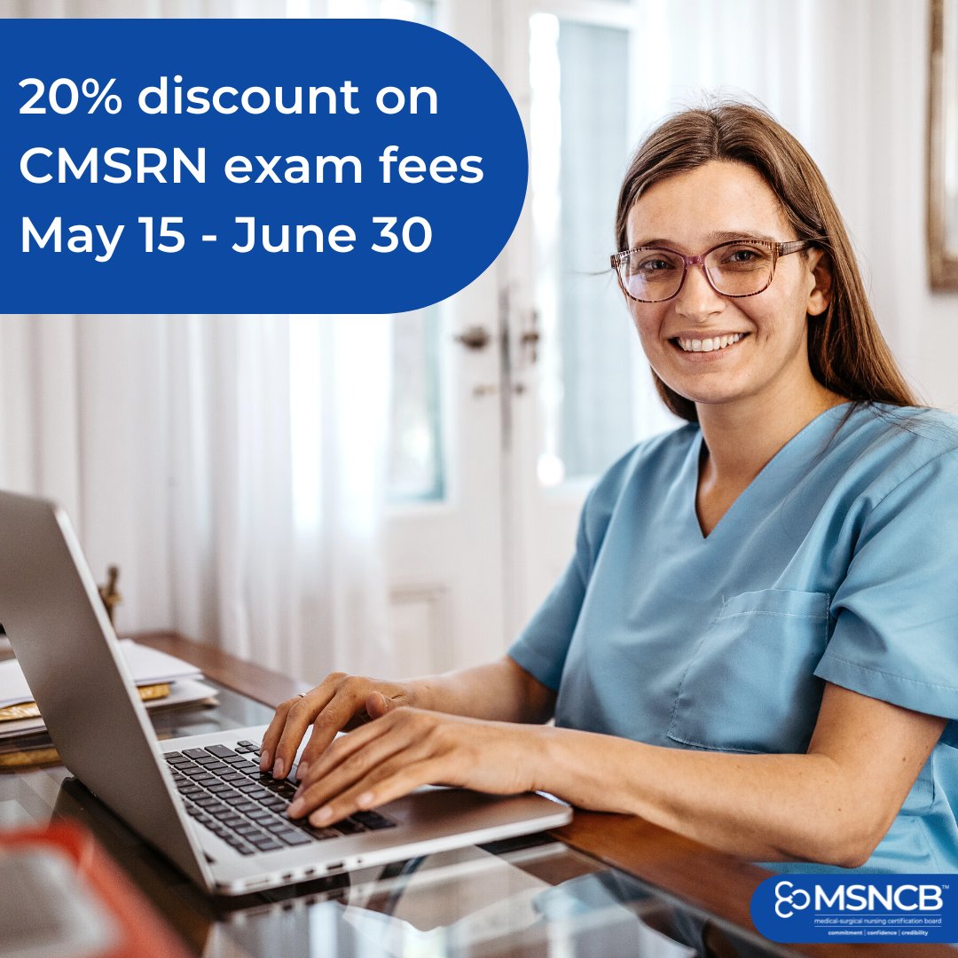 MedSurgNurses's tweet photo. Due to a standard-setting process those who take the #CMSRN exam between 5/15-7/24 won’t get their results until after 8/17 & the passing score may change after 5/15. But MSNCB is offering a 20% discount on exam fees from 5/15-6/30. Learn more at https://t.co/F4X94DEM1I.?utm_sou https://t.co/FupG4M68mD