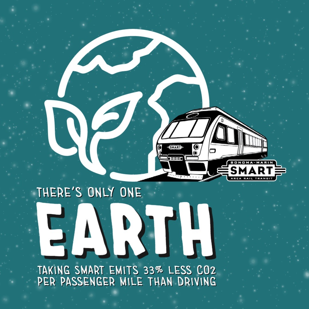 smarttrain's tweet image. 🌍🚆Celebrate Earth Day and reduce your carbon footprint by taking the SMART train! SMART emits 33% less CO2 per passenger mile than driving. Take the SMART train to Santa Rosa’s Earth Day event and show your support for a cleaner, greener planet. 🌍🚆#SMARTtrain #EarthDay