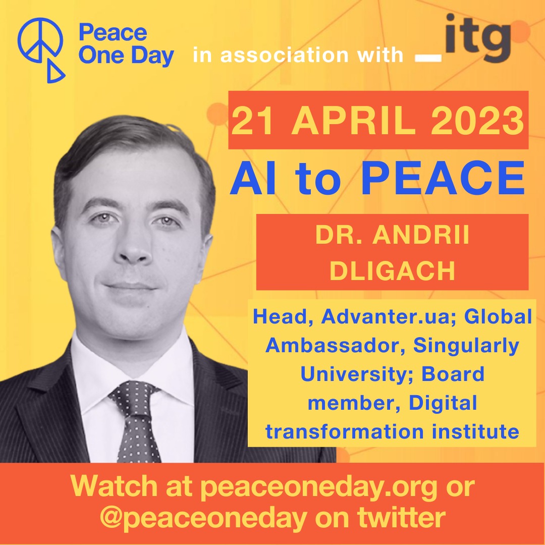 PeaceOneDay's tweet photo. Peace One Day is pleased to announce Dr. Andrii Dligach will be joining us for AI to Peace 21 April 2023. Follow our social media for announcements, and visit https://t.co/lhq7TbfiVq or @PeaceOneDay on Twitter to watch the live broadcast and register for more info. https://t.co/UnOj4nnSxD